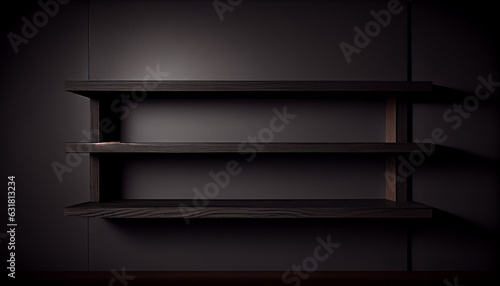 Empty black wooden shelf on dark background. empty shelf on a dark background, Ai generated image
