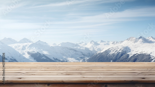 Empty wooden table with snow-capped winter mountains in the background, for display product © 대연 김