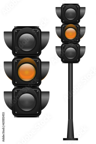 Yellow traffic Lights with a single color on. Realistic vector illustration isolated on white background. 3D EPS10.