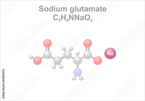 Sodium glutamate. Simplified scheme of the molecule. Use in cooking as flavor enhancer with an umami taste.