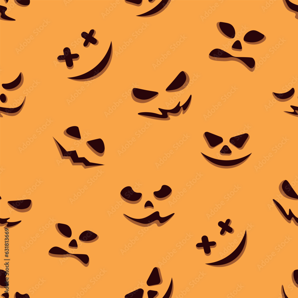 Seamless pattern with Halloween pumpkin emotions on an orange background. Print for notes, textile printing, page filling. Vector illustration
