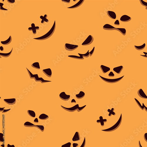 Seamless pattern with Halloween pumpkin emotions on an orange background. Print for notes, textile printing, page filling. Vector illustration