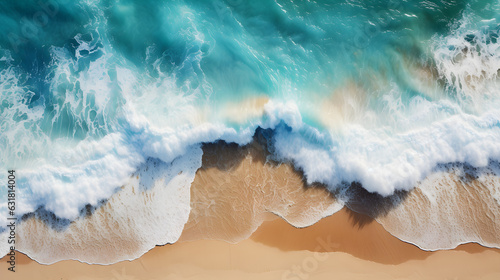 Mesmerizing Aerial View: Waves Creating Water Textures Near Sandy Beach. Generative Ai.  © Philipp