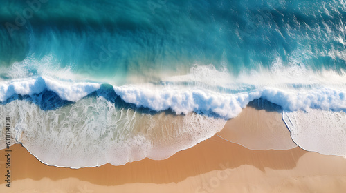 Mesmerizing Aerial View  Waves Creating Water Textures Near Sandy Beach. Generative Ai. 