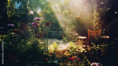 A garden with beautiful flowers, a dreamy atmosphere