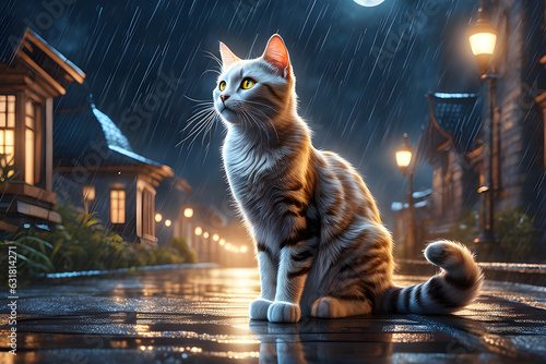 Odd-eyed cat standing under the rainy moonlight