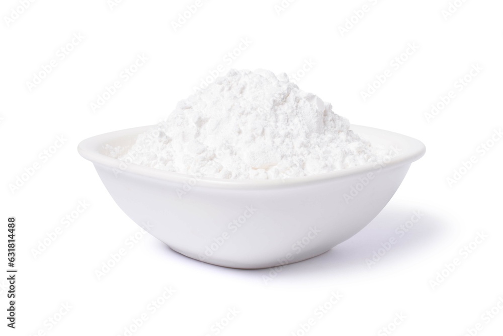 White flour in ceramic bowl isolated on white background with clipping path. White flour in ceramic bowl isolated on white background with clipping path.