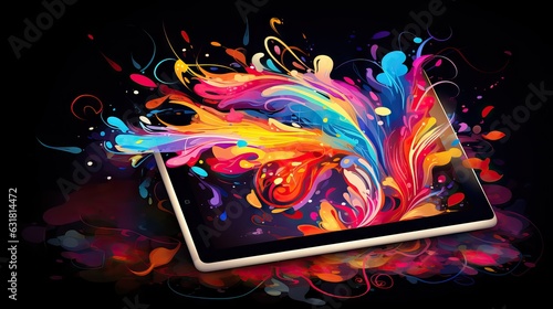 A sleek tablet emanating a spectrum of colors, epitomizing the device's boundless creative and productive potential. Generative AI