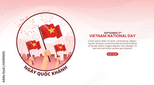 Ngay Quoc Khanh or Vietnam National Day background with waving flag and fireworksNgay Quoc Khanh or Vietnam National Day background with waving flag and fireworks
