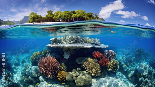 A vibrant underwater panorama showcases a tapestry of corals, diverse marine creatures, and exquisite stones against the backdrop of a paradisiacal beach. Generative AI Keywords: