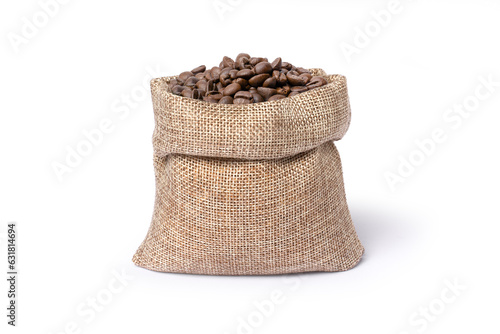 coffee beans in burlap sack isolated on white