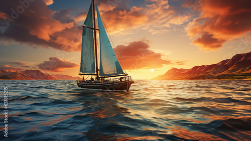 sailing boat in the sea at sunset,generative ai © Aghavni