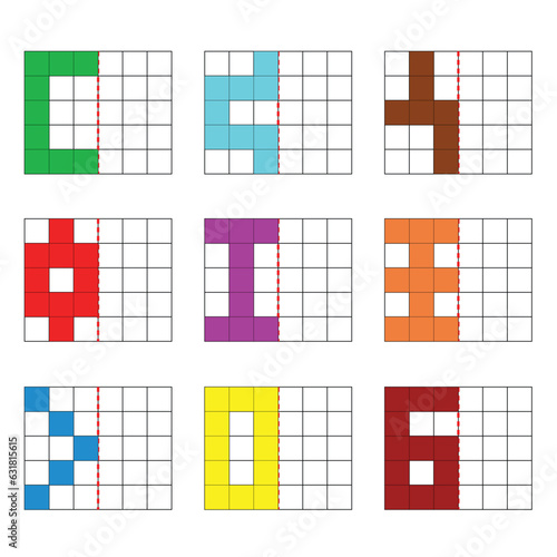 Practice exercise: Reflective symmetry in each of these shapes on a square grid. drawing on a school math sheet in the world of geometry.