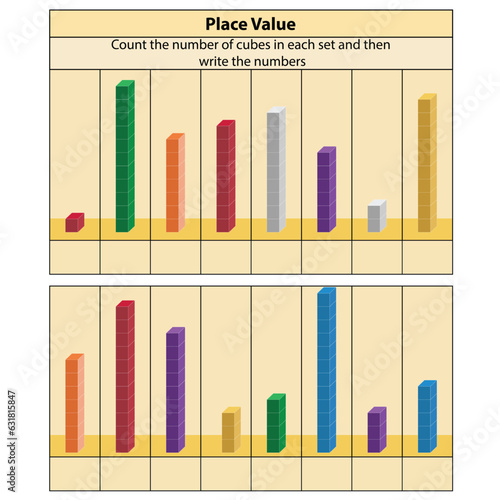 Place Value. stacked blocks counting. place value chart work. Vector illustration. Place Value  worksheet. Clipart image isolated on white background.