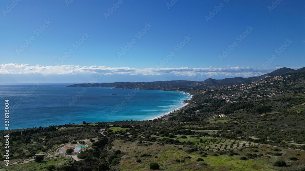 View of Paralia Lourdata Beach in Kefalonia, Greece in the winter with sunny weather