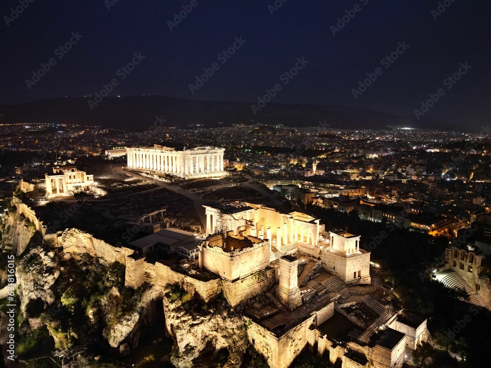 Aerial view of the illuminated Acropolis of Athens at night. Greece.