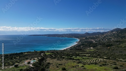 View of Paralia Lourdata Beach in Kefalonia, Greece in the winter with sunny weather