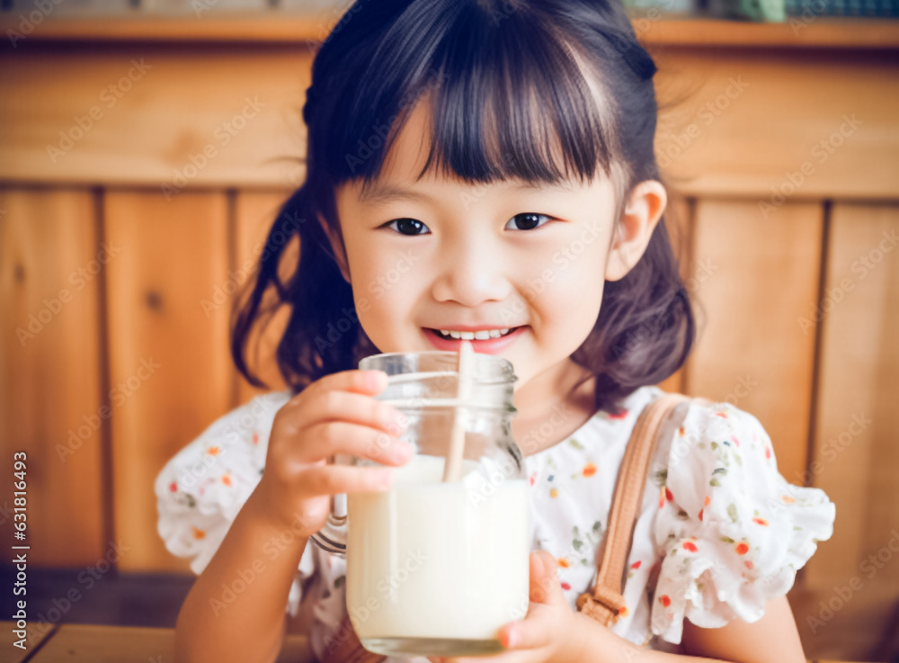 Portrait of Asian little cute kid holding a cup of milk in kitchen in house. Young preschool daughter stay home with smiling face, happy enjoy drinking milk. Generative AI. Portrait of Asian little cute kid holding a cup of milk in kitchen in house. Young preschool daughter stay home with smiling face, happy enjoy drinking milk. Generative AI.