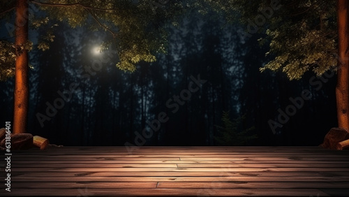 Empty wooden table with evening campsite in the background, for product display
