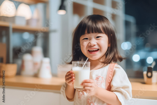 Portrait of Asian little cute kid holding a cup of milk in kitchen in house. Young preschool daughter stay home with smiling face  happy enjoy drinking milk. Generative AI.