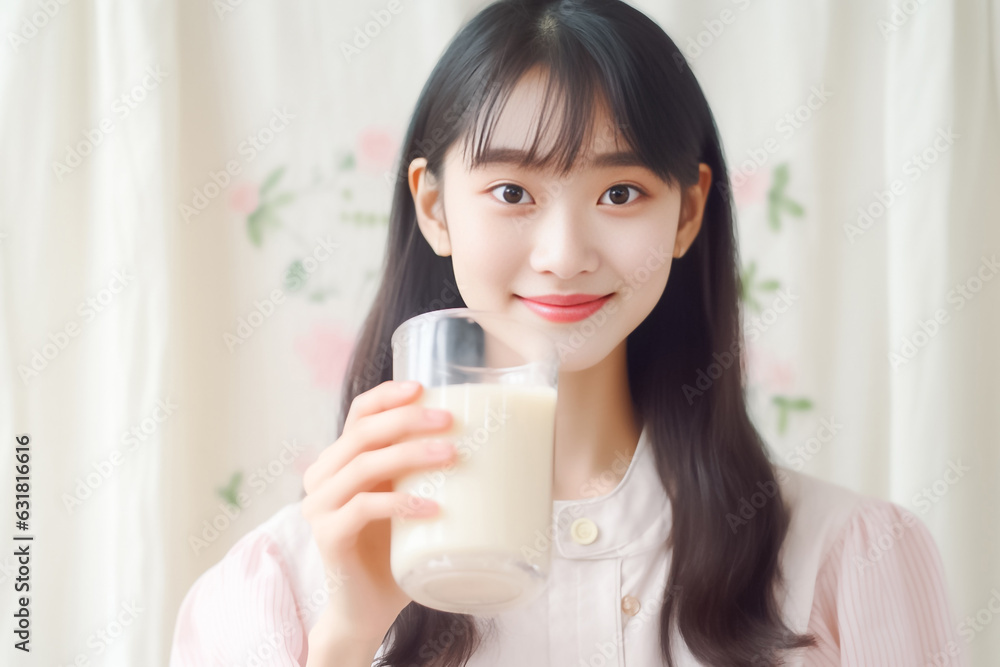 Portrait of Asian little cute kid holding a cup of milk in kitchen in house. Young preschool daughter stay home with smiling face, happy enjoy drinking milk. Generative AI. Portrait of Asian little cute kid holding a cup of milk in kitchen in house. Young preschool daughter stay home with smiling face, happy enjoy drinking milk. Generative AI.