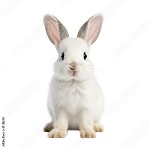 Cute white bunny standing on two legs with bright eyes on transparent backround.