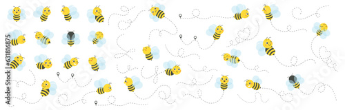 Flying Bee vector illustration. Cute cartoon character. Cute bees characters set.