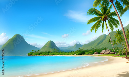 illustration of ocean landscape in sunset or sunrise with beautiful sky . Beautiful nature with palm trees and beach. landscape with beach with simple wooden hut in the morning light