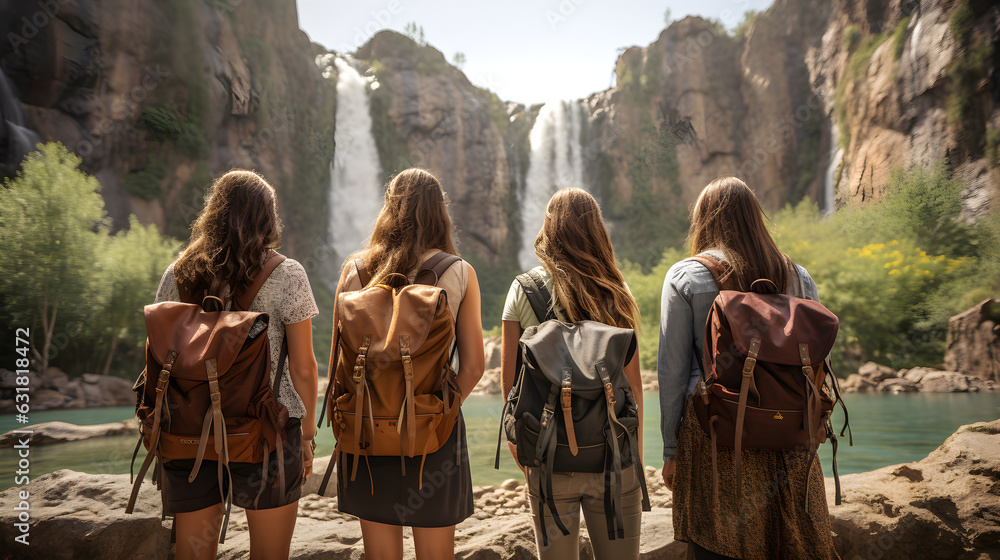 Young Tourists with Backpacks Admiring a Majestic Waterfall: A Close-up of Spring Exploration and Nature's Beauty. Generative Ai.