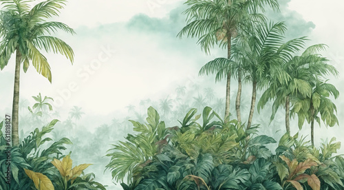Palm trees in a jungle forest. decorative watercolor painting, landscape. © cmapuk_0nline