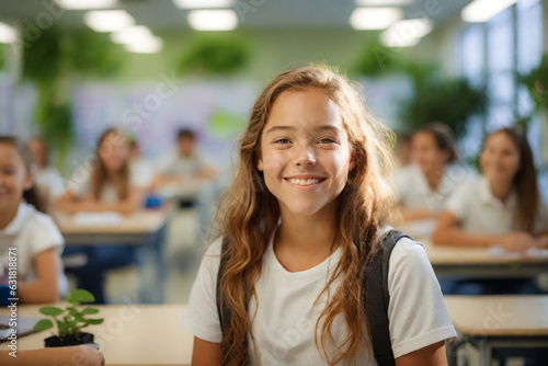 retrato de niña caucásica con mochila en la escuela secundaria obligatoria sonriendo en el aula
