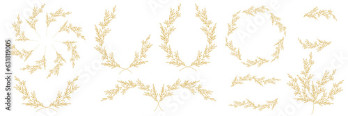 Luxury botanical gold wedding frame elements on white background. Set of circle shapes, glitters, eucalyptus leaves, leaf branches. Elegant foliage design for wedding, card, invitation, greeting