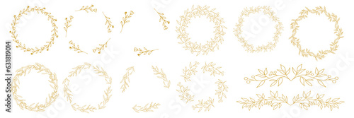 Luxury botanical gold wedding frame elements on white background. Set of circle shapes, glitters, eucalyptus leaves, leaf branches. Elegant foliage design for wedding, card, invitation, greeting