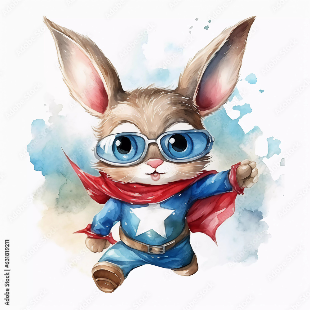 cute super hero rabbit as watercolor style 