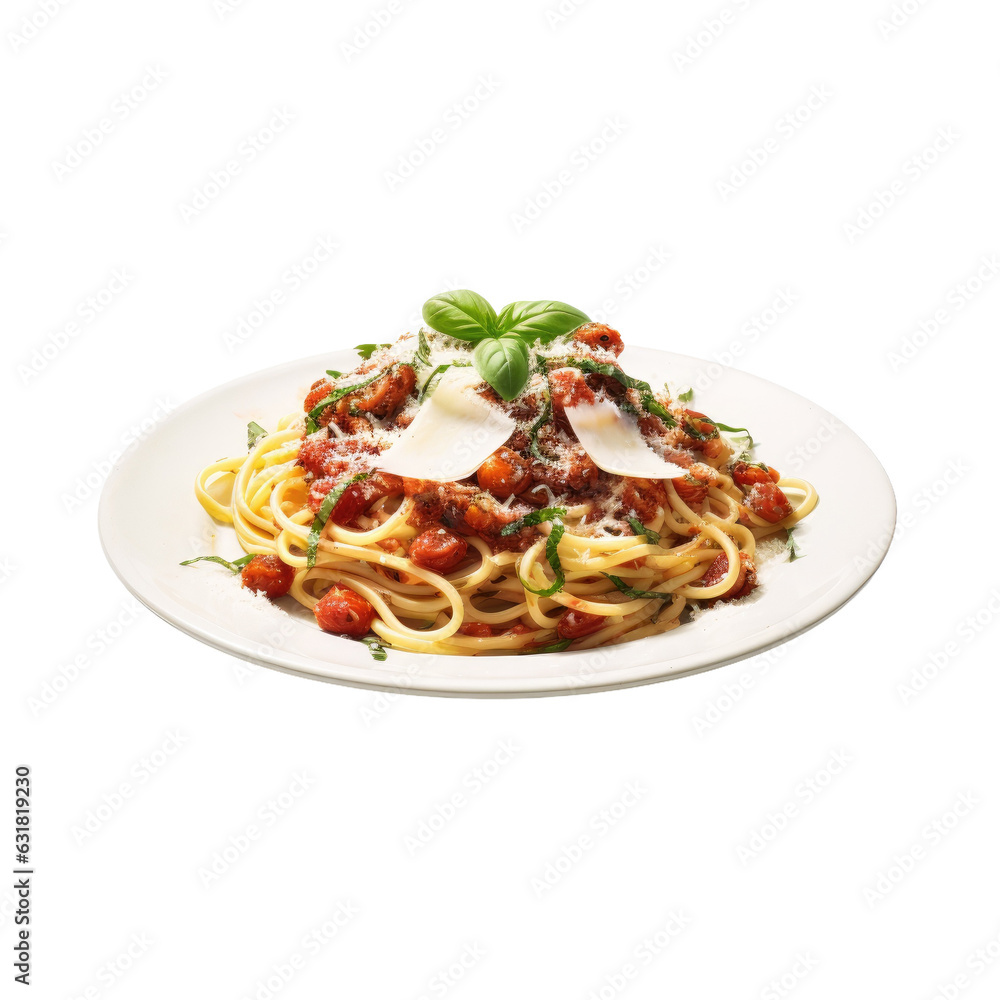 Spaghetti with tomato sauce and cheese, topped with basil, against transparent backround. Spaghetti with tomato sauce and cheese, topped with basil, against transparent backround.