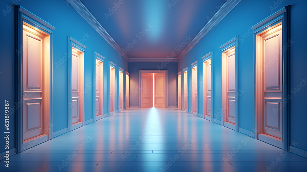 Door, passage, portal - neon colors, geometric shapes, lasers, light, clouds – To have a choice - created with Generative AI technology