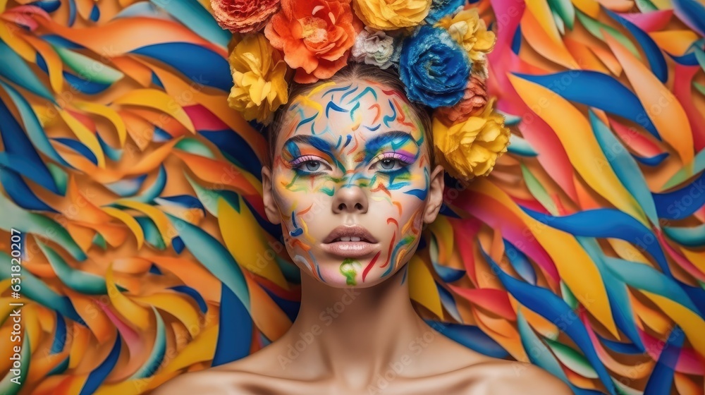 Woman painting her face with colorful paints to attend the festival