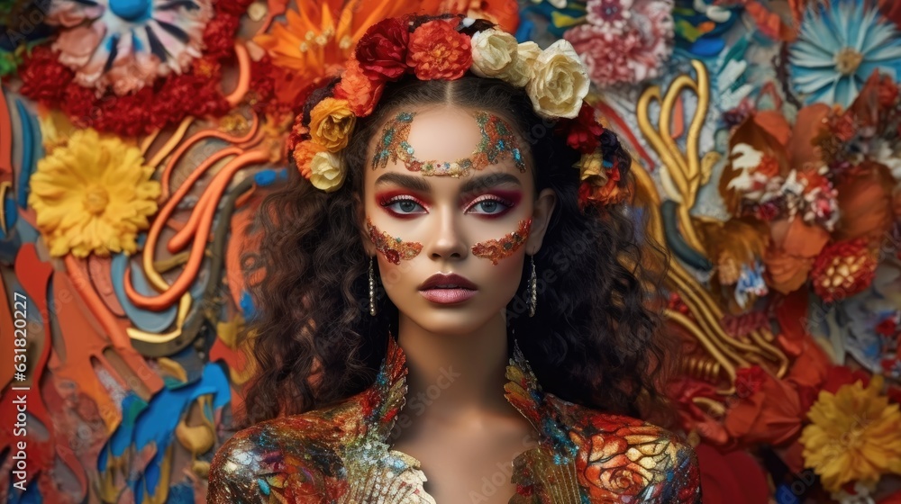 Woman painting her face with colorful paints to attend the festival