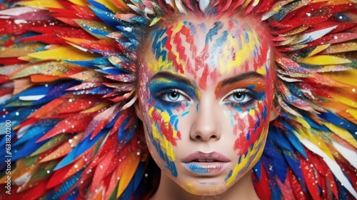 Woman painting her face with colorful paints to attend the festival