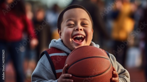 Slika na platnu Little boy with down syndrome holding a basketball