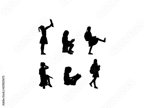 School girl with a book in her hands silhouette. Silhouette of schoolgirl running jumping waving. Silhouettes of the child reading a book.