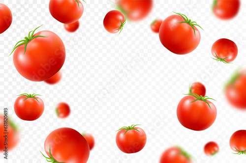Tomato background. Falling fresh ripe tomatoes, isolated on transparent background. Selective focus. Flying defocusing red tomato. Applicable for ketchup, juice advertising. Realistic 3d vector © Инна Харламова