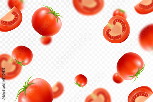 Tomato background. Falling fresh ripe tomatoes, isolated on transparent background. Selective focus. Flying defocusing red tomato. Applicable for ketchup, juice advertising. Realistic 3d vector