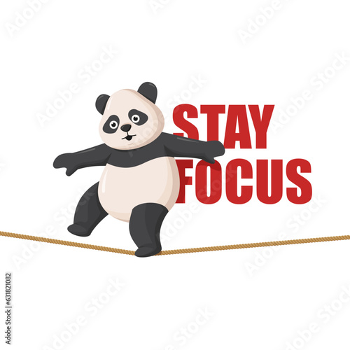 cartoon panda walking on a rope keeping balance to stay focused. walk on one leg