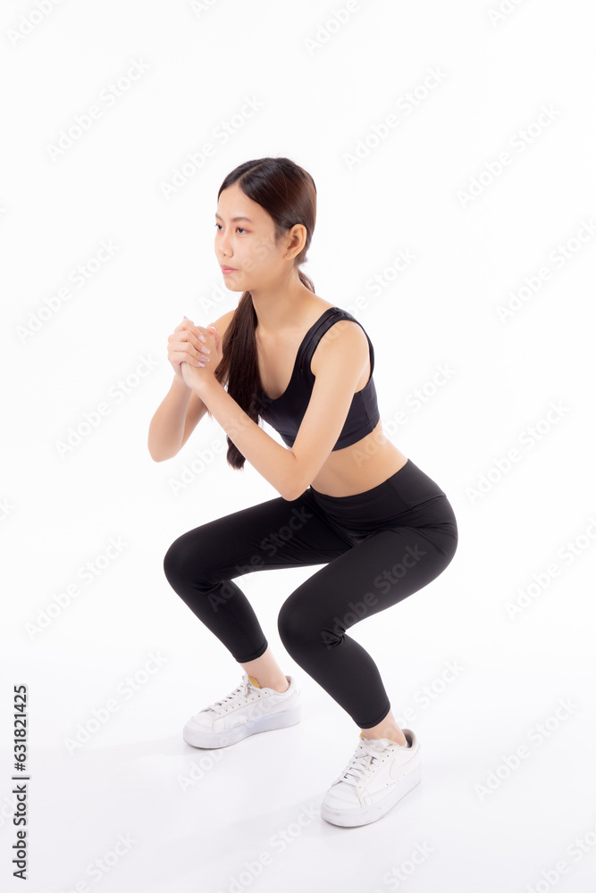 Full length portrait beautiful young asian woman in sportswear practicing doing squats for bodybuilder isolated white background, woman workout for strong and strength, sport and endurance concept. Full length portrait beautiful young asian woman in sportswear practicing doing squats for bodybuilder isolated white background, woman workout for strong and strength, sport and endurance concept.
