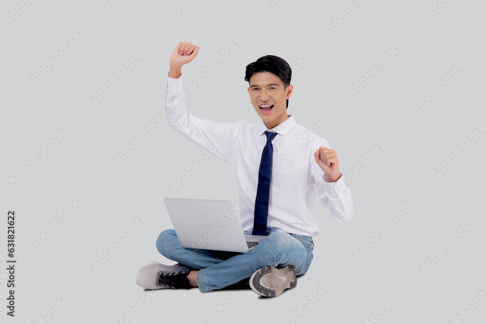 Portrait young asian business man sitting work on laptop computer to internet online isolated white background, businessman confident and notebook, freelance with success, marketing and communication. Portrait young asian business man sitting work on laptop computer to internet online isolated white background, businessman confident and notebook, freelance with success, marketing and communication.