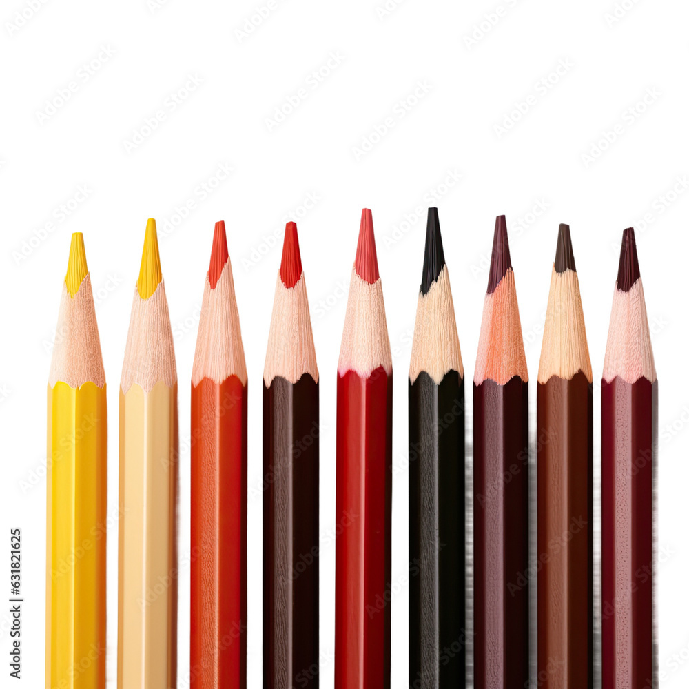 Many wooden colored pencils displayed in large quantity on a transparent background