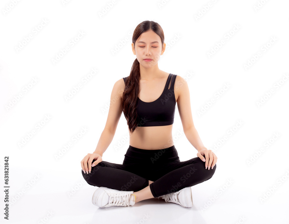 Portrait beautiful young asian woman practicing yoga with sitting posing meditation with peaceful isolated white background, girl training workout with relax and calm for balance, sport concept. Portrait beautiful young asian woman practicing yoga with sitting posing meditation with peaceful isolated white background, girl training workout with relax and calm for balance, sport concept.