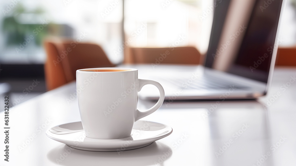 A cup of coffee and a laptop on the table. A cup of coffee and a laptop on the table.