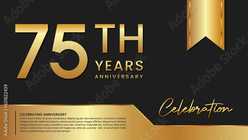 75th anniversary template design in gold color isolated on a black and gold background, vector template